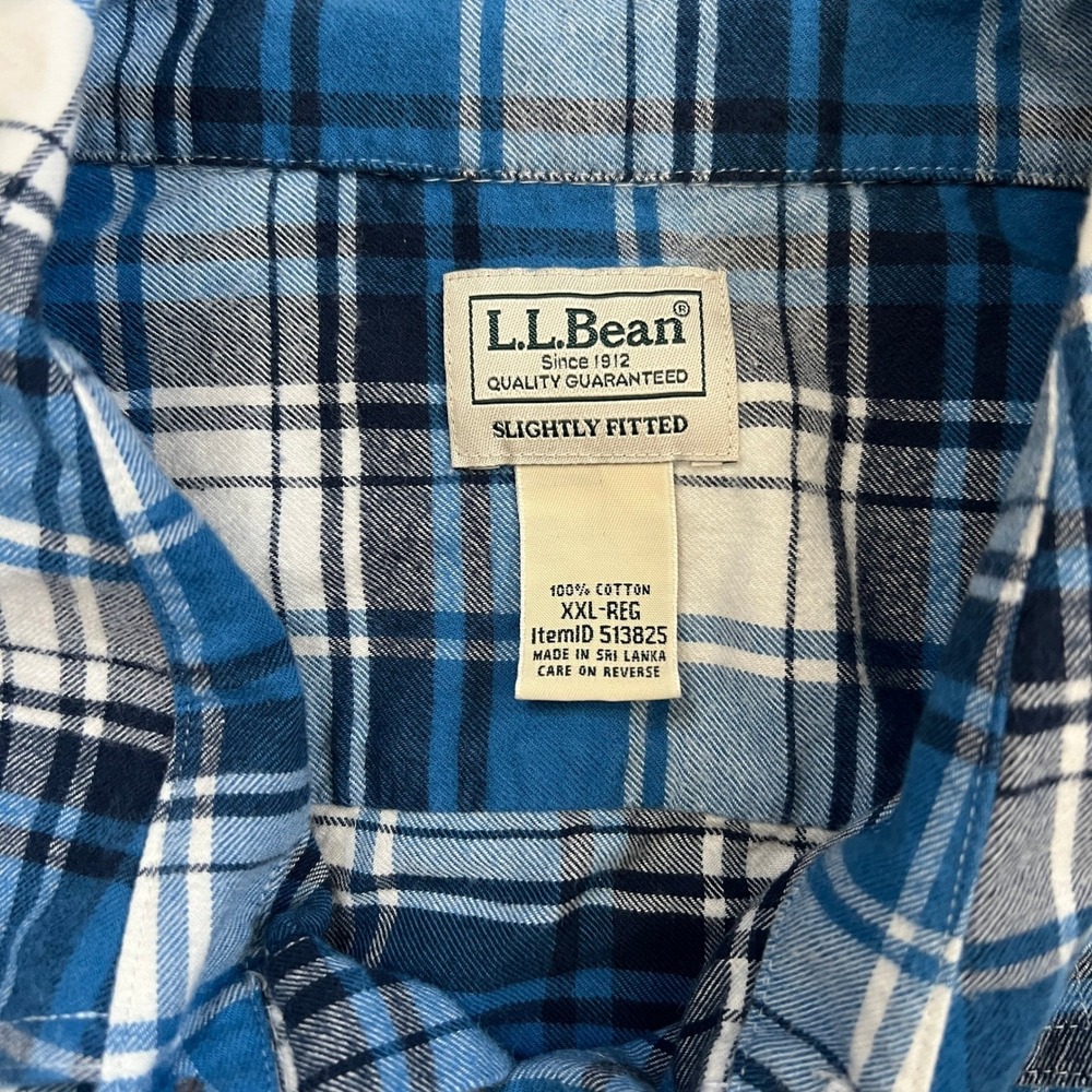 LL Bean Blue White Plaid Flannel Button Down Mens XXL Regular Slightly Fitted - Picture 3 of 3